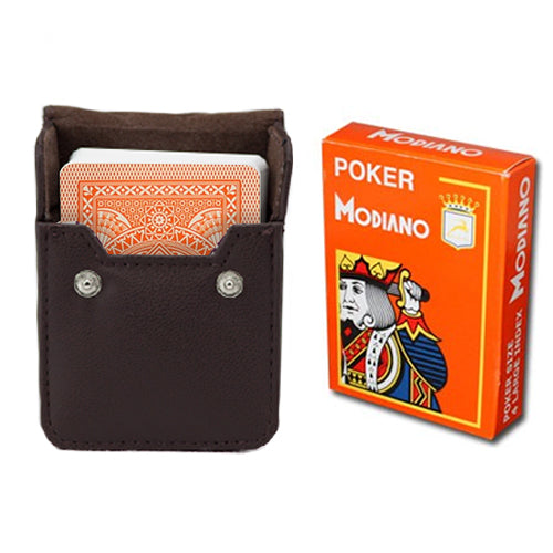 Modiano Cristallo Orange Poker Size Jumbo 4 PIP Index In Leather Case
