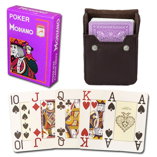 Modiano Cristallo Purple Poker Size Jumbo 4 PIP Index In Leather Case
