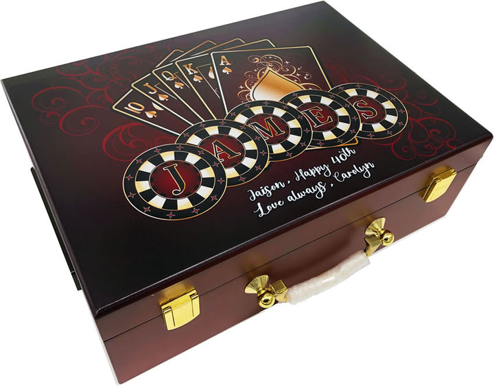 Custom Printed Mahogany Poker Chip Case - 500 Chip Capacity - James