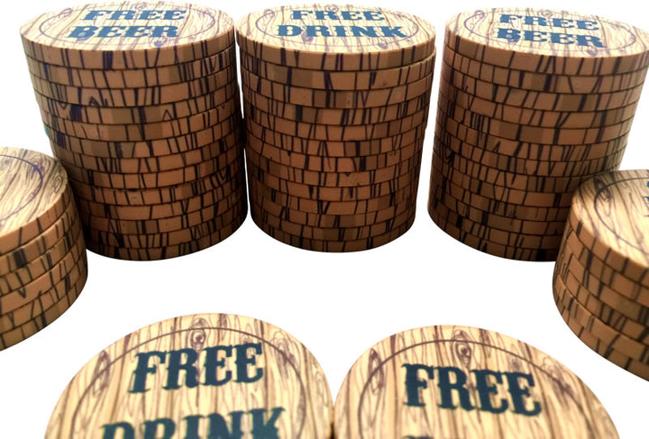 Personalized Drink Tokens Faux Wood Style Stack Shot