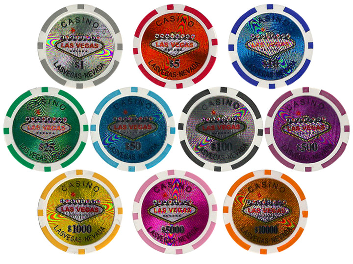 Fichas de póquer de arcilla de Las Vegas de 14 gramos en soporte acrílico - 600 ct.