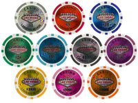 Fichas de póquer de arcilla de Las Vegas de 14 gramos en estuche de aluminio con ruedas - 1000 ct.
