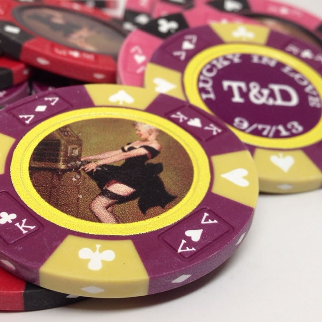 Custom Printed Mahogany Wood Poker Chip Set with 14 Gram Clay Ace King & Suits Poker Chips - 200 Chips