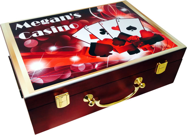 Megan's Casino Template Printed On 500 Capacity Custom Printed Mahogany Wood Poker Case