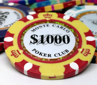 Fichas de póquer de arcilla Monte Carlo de 14 gramos en caja de madera de nogal - 500 ct.