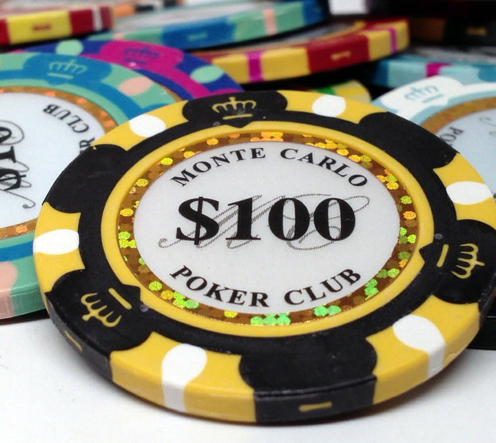 Fichas de póquer de arcilla Monte Carlo de 14 gramos en carrusel de madera - 300 ct.