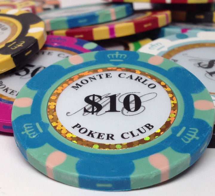 Monte Carlo 14 Gram Clay Poker Chips in Wood Hi Gloss Case - 500 Ct.