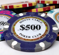 Fichas de póquer de arcilla Monte Carlo de 14 gramos en caja de aluminio negro - 500 ct.