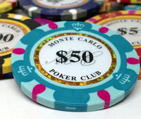 Fichas de póquer de arcilla Monte Carlo de 14 gramos en caja de madera de nogal - 300 ct.