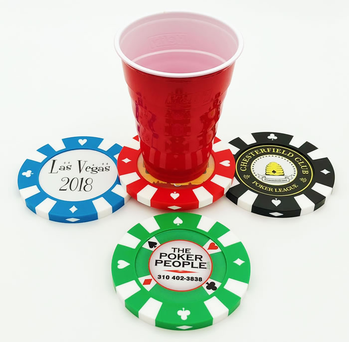 Giant poker chips shown as a coaster with customization (Note these will ship blank with no customization in center).