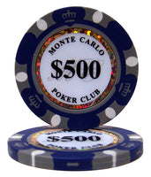 Monte Carlo 14 Gram Clay Poker Chips in Wood Walnut Case - 500 Ct.