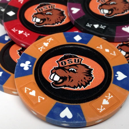 Custom Printed Mahogany Wood Poker Chip Set with 14 Gram Clay Ace King & Suits Poker Chips - 300 Chips
