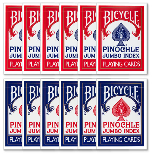 Bicycle Pinochle Red & Blue Jumbo Index Playing Cards - 12 Decks