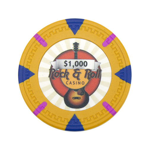 Fichas de póquer de arcilla Rock &amp; Roll de 13,5 gramos en caja de madera de caoba negra - 500 ct.