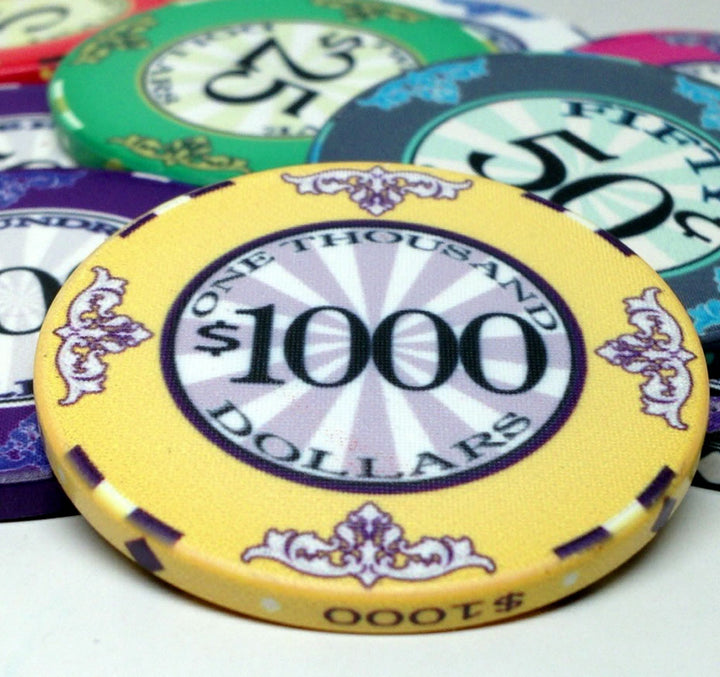 Scroll 10 Gram Ceramic Poker Chips in Rolling Aluminum Case - 1000 Ct.
