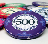 Scroll 10 Gram Ceramic Poker Chips in Wood Mahogany Case - 750 Ct.