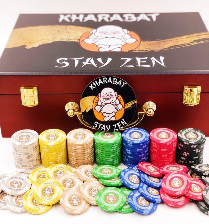 STAY ZEN - Custom Mahogany Wood Poker Chip Set with 10 Gram Ceramic Chips - 500 Count